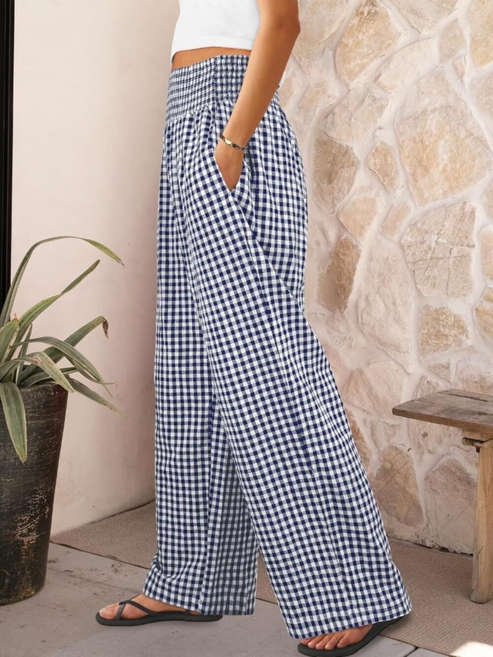 Women's Navy Blue Plaid Striped Casual Wide Leg High Waisted Palazzo Pants - Picture 3 of 6